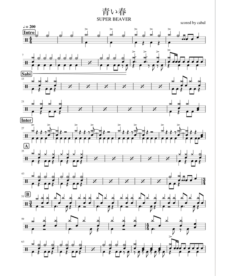 青い春 Super Beaver ドラム譜面 Drums Score Shop