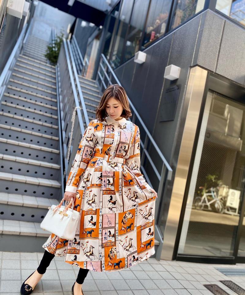 馬柄 シャツワンピース オレンジベース Farge
