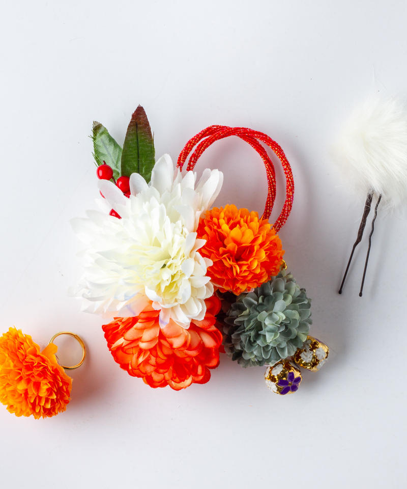 Ha 0387 成人式 卒業式 お花 髪飾り 和風オリジナル髪飾り 白 オレンジ 緑 グラデー