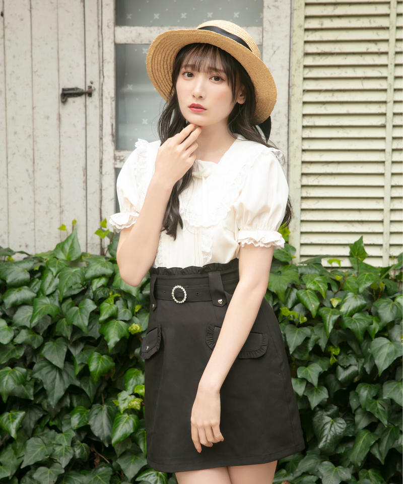 ポイントハート台形スカート チェック ブラック Honeycinnamon