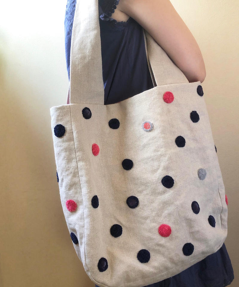 気質アップ さをり織り サイド刺繍 ポケットいっぱいトートバッグ