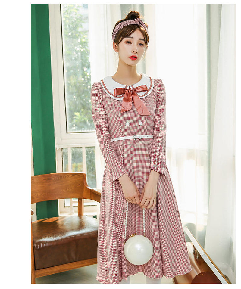 ピンク ギンガムチェックの清楚なドレス 白のドールカラーとサテンリボン レトロ ワンピース X