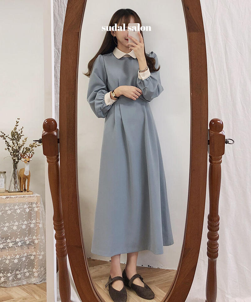 シックなレトロな 白の別布のドールカラーの大きなフレアのロングワンピース Xl Op230