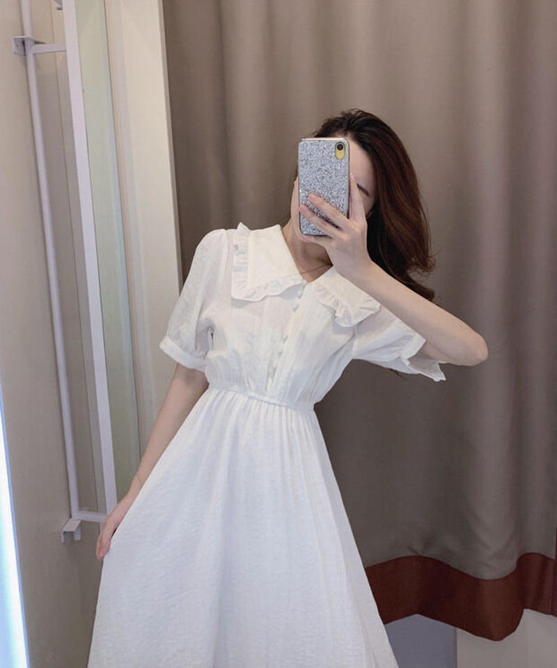 ホワイト ドールカラー かわいい パフスリーブ ふんわりワンピース Xl Op1