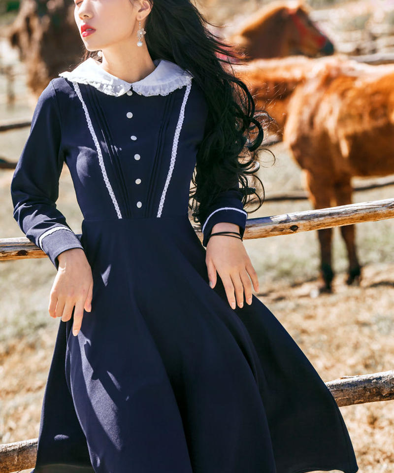 長袖ドレス マリーン風 ネイビーと白のコントラストのワンピース Xl Op91 Ros