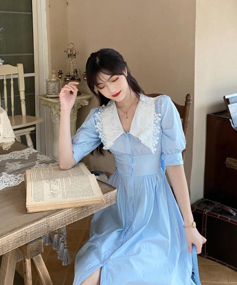 即納 スカイ ブルー レース フレア ワンピース 花柄 水色 ブラック リボン 在庫処分セール