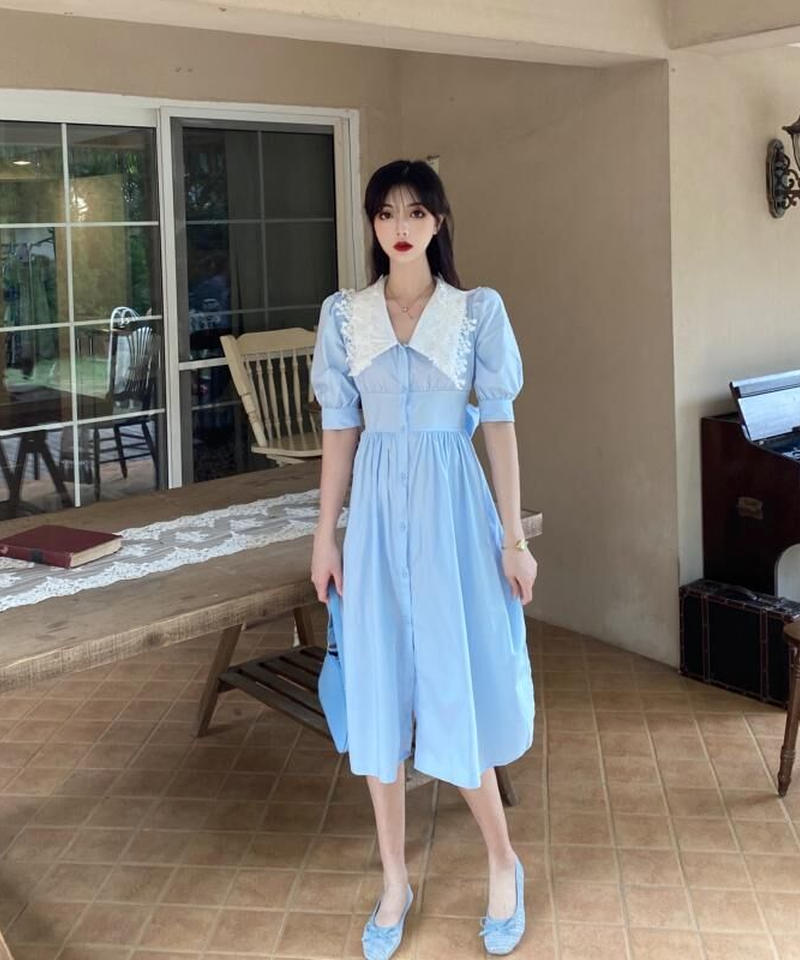 日本正規品 スカイ ブルー レース フレア ワンピース 花柄 水色 ブラック リボン クライマックスセール再値下げ