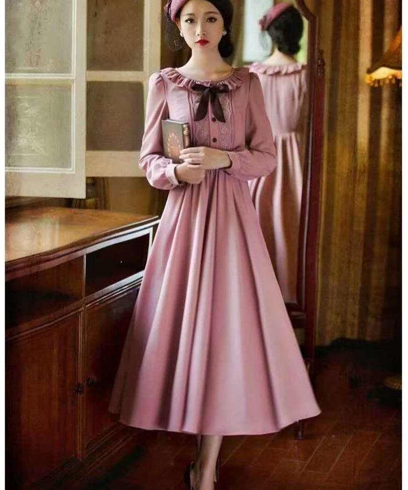 パープル フリルのネックラインの綺麗なレトロなお嬢様ワンピース Xl Op77 Ros