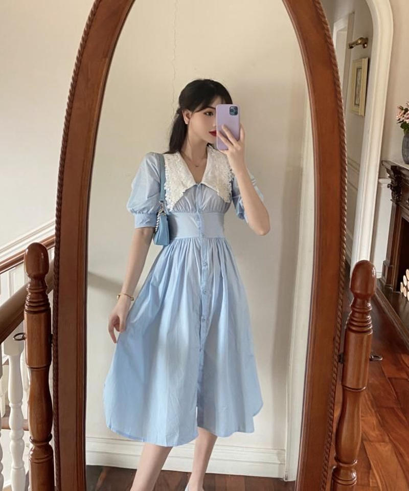 スカイブルー レースドールカラー パフスリーブ 半袖ワンピース Op297 Rose