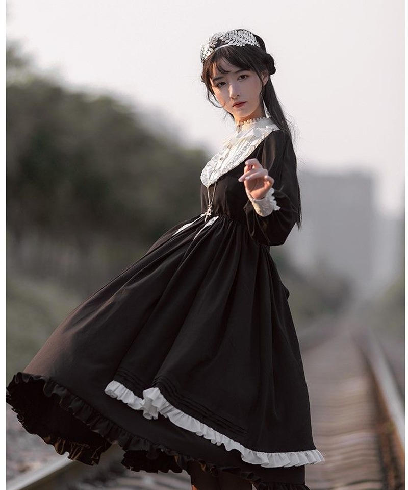 ブラック ブロッキングフリルホワイト スタンドカラー クラシック ロリィタ ドレス ワンピース
