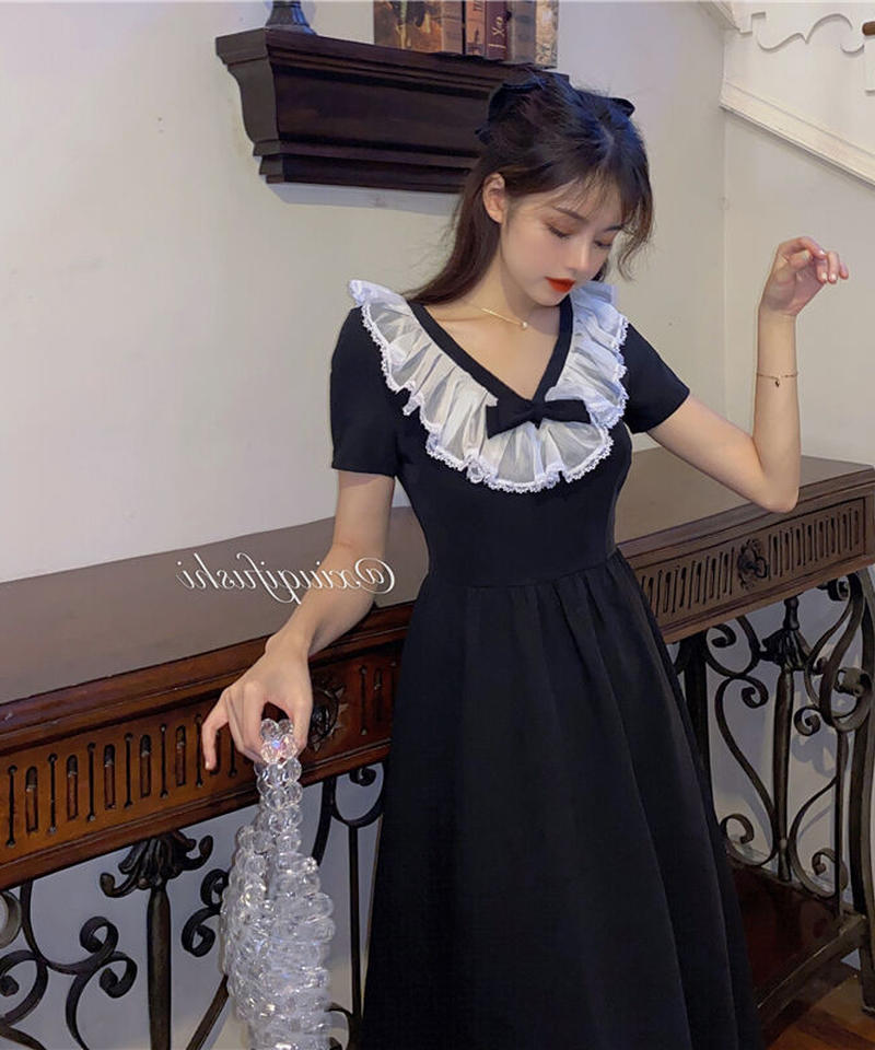 ブラック Vネック 白レース襟 半袖ロング ワンピース Op299 Roses On