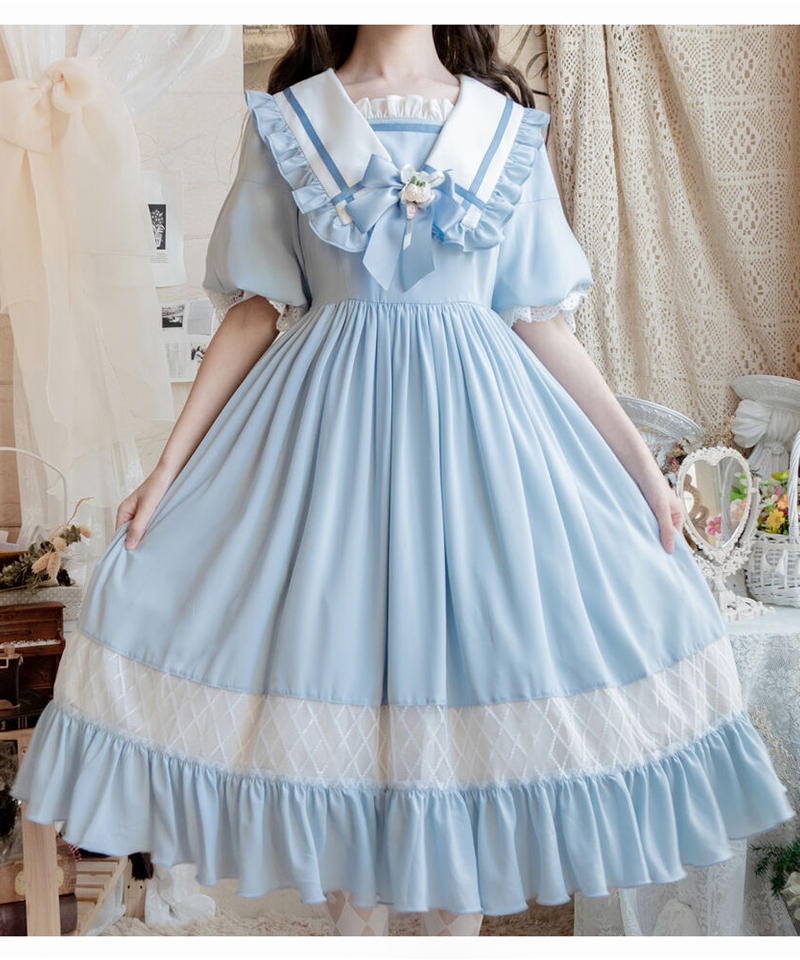 生如夏花 大きなパフスリーブとセーラーカラーのロリィタドレス ワンピース Xl Lo160 生如夏花 大きなパフスリーブとセーラーカラーのロリィタドレス ワンピース Xl Lo160