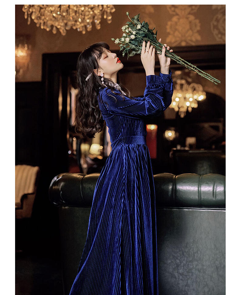 ブルーベルベット レース襟のシックな レトロ ロングワンピース Xl Op228 Ro