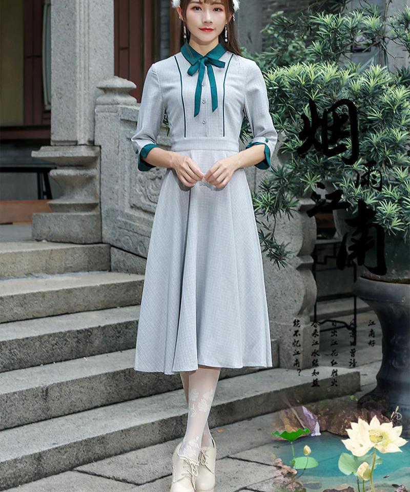 グリーン リボン レトロ カレッジ風 七分袖 ロングワンピース Xl Op24 Ros