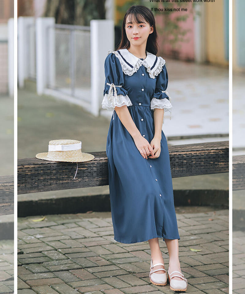 ブルー レース ドールカラー 半袖 パフスリーブ レトロ ロングワンピース Xl Op199