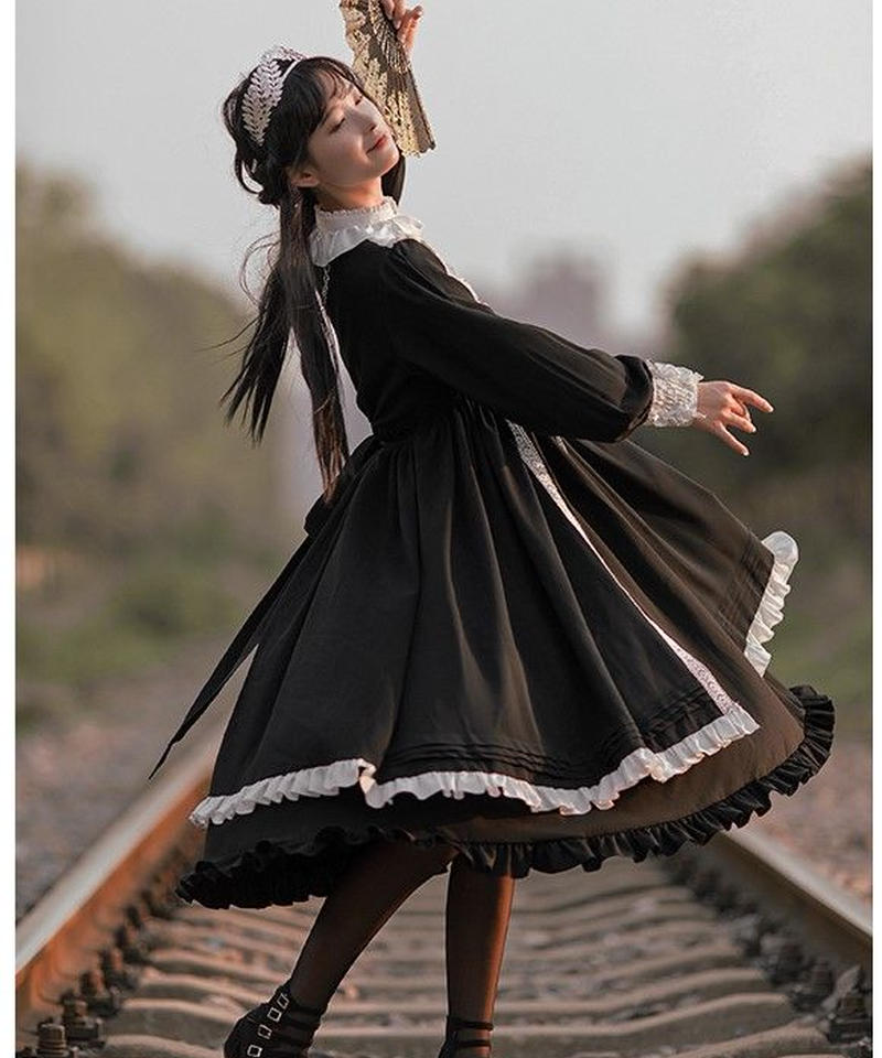 ブラック ブロッキングフリルホワイト スタンドカラー クラシック ロリィタ ドレス ワンピース