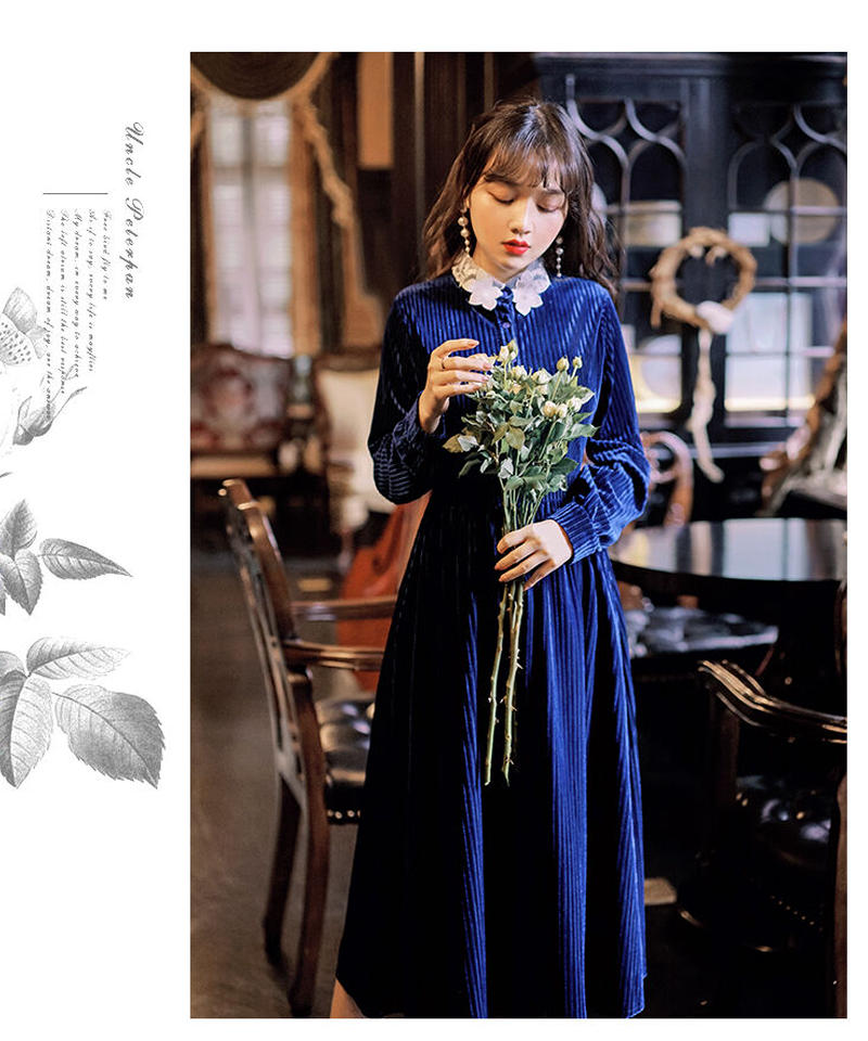 ブルーベルベット レース襟のシックな レトロ ロングワンピース Xl Op228 Ro