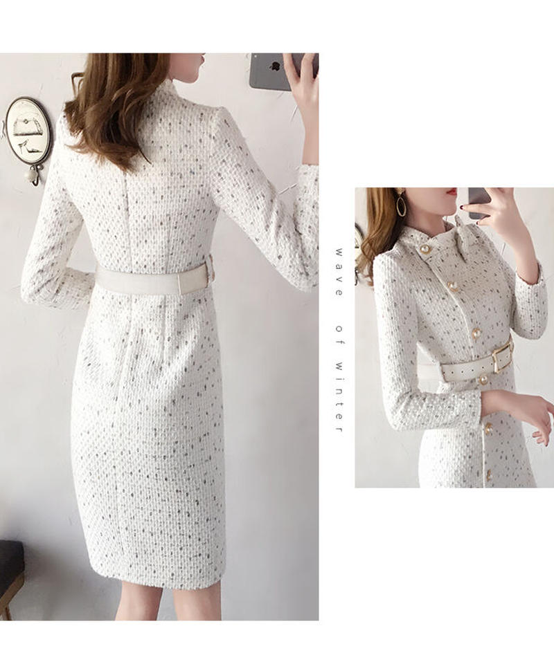 ホワイト ツイードワンピース シックなセレブ風 スリムデザイン ワンピース L Op98