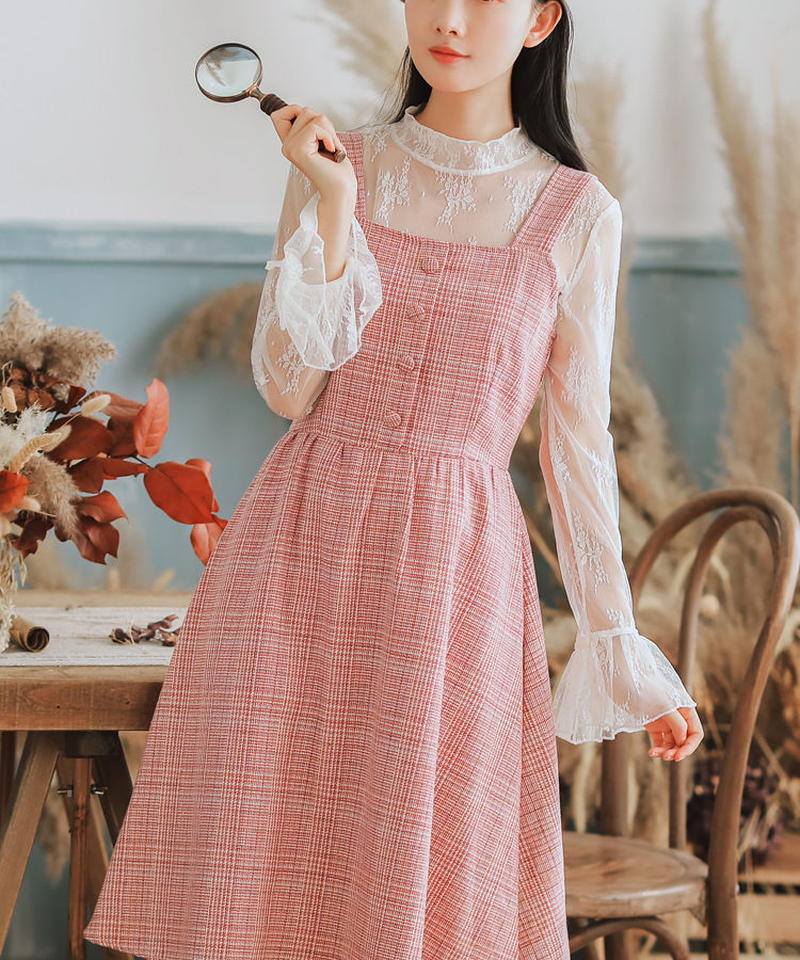 かわいいピンクのチェック柄のレトロなジャンパースカート Xl Op146 Roses