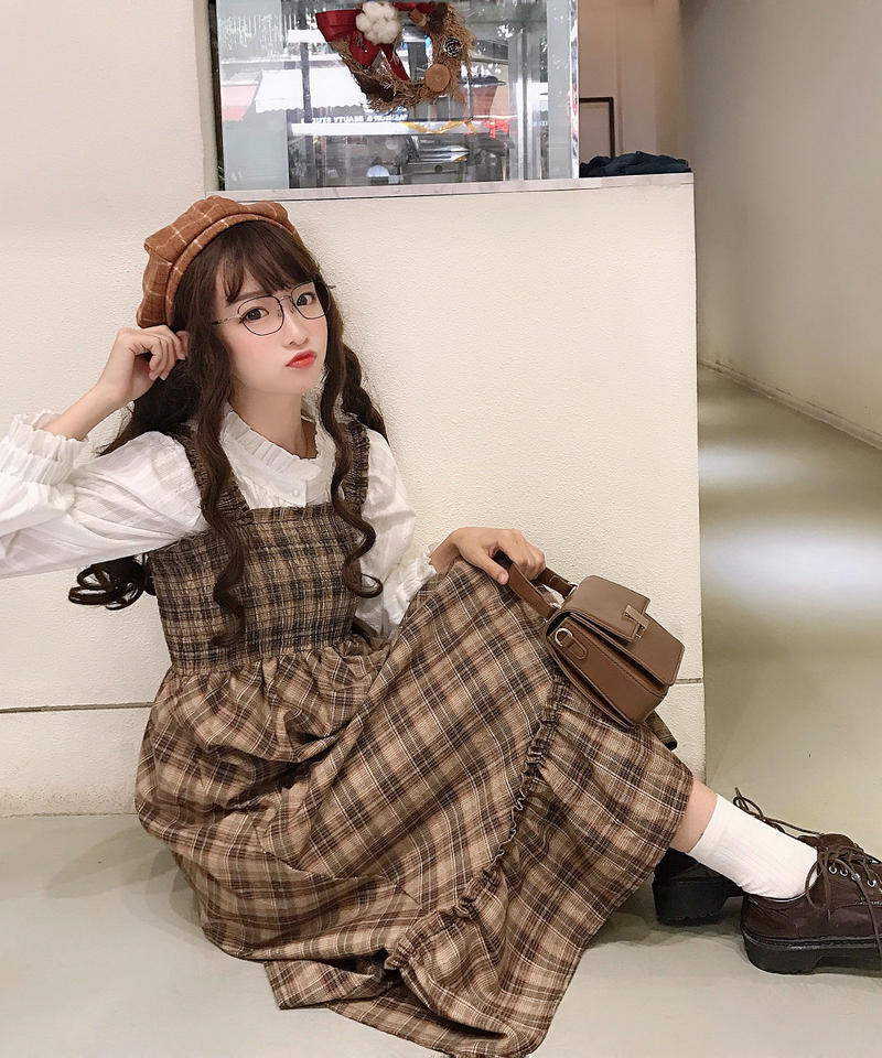 ブラウンチェックに心も踊る ミモレ丈ジャンパースカート 森ガール Op161 Rose