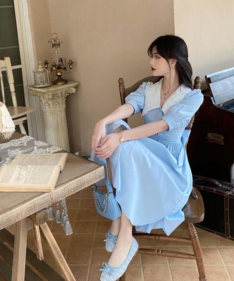 スカイブルー レースドールカラー パフスリーブ 半袖ワンピース Op297 Rose