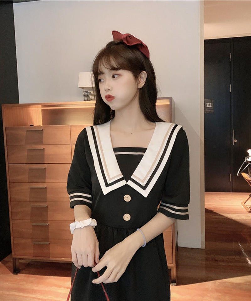 ブラック 半袖 セーラーワンピース イエローライン ワンサイズ Op286 Roses