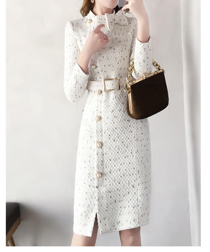 ホワイト ツイードワンピース シックなセレブ風 スリムデザイン ワンピース L Op98