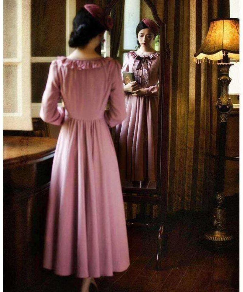 パープル フリルのネックラインの綺麗なレトロなお嬢様ワンピース Xl Op77 Ros