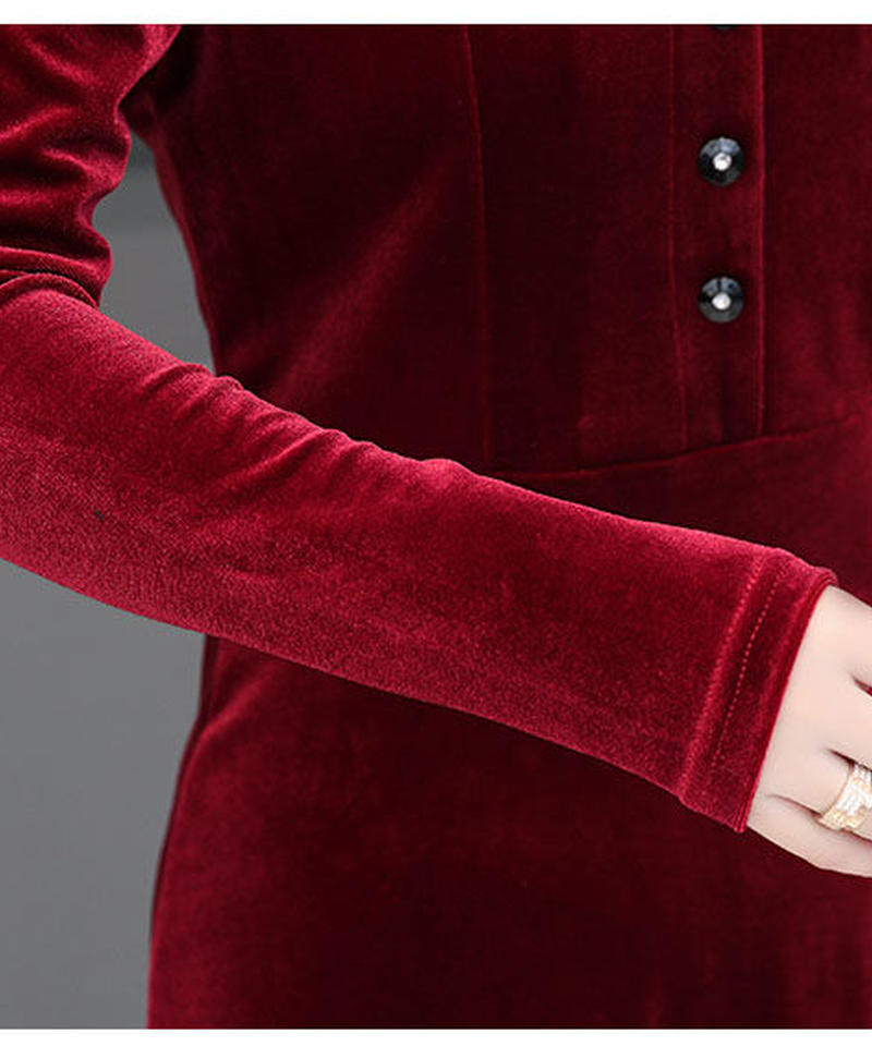 ベルベット 長袖 スリムシルエット ロングドレス ワンピース Op18 Roses O