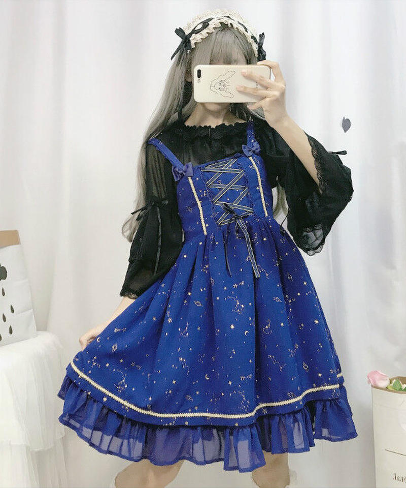ロリィタ 星座柄 リボンストラップ スリム シフォン Jsk ストラップドレス ワンピース ワ
