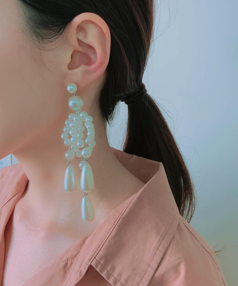 フリンジパール大ぶりピアス ブライダルアクセサリー 花嫁ピアス 結婚式ピアス Mode A