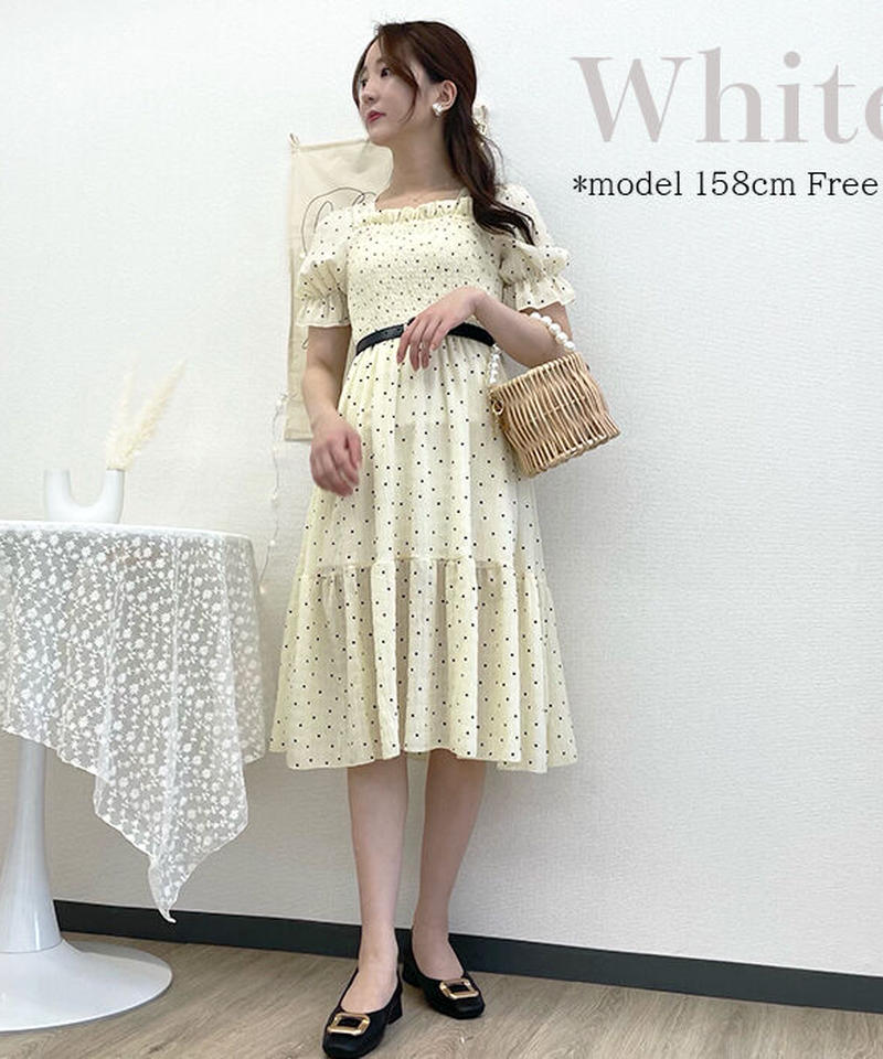 バックリボンドット柄シャーリングワンピース 韓国ファッション 高速ターミナル