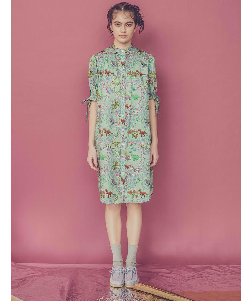 恐竜地図プリントスタンドカラーワンピース Blue Migh T By Kumiko W 恐竜地図プリントスタンドカラーワンピース Blue Migh T By Kumiko W