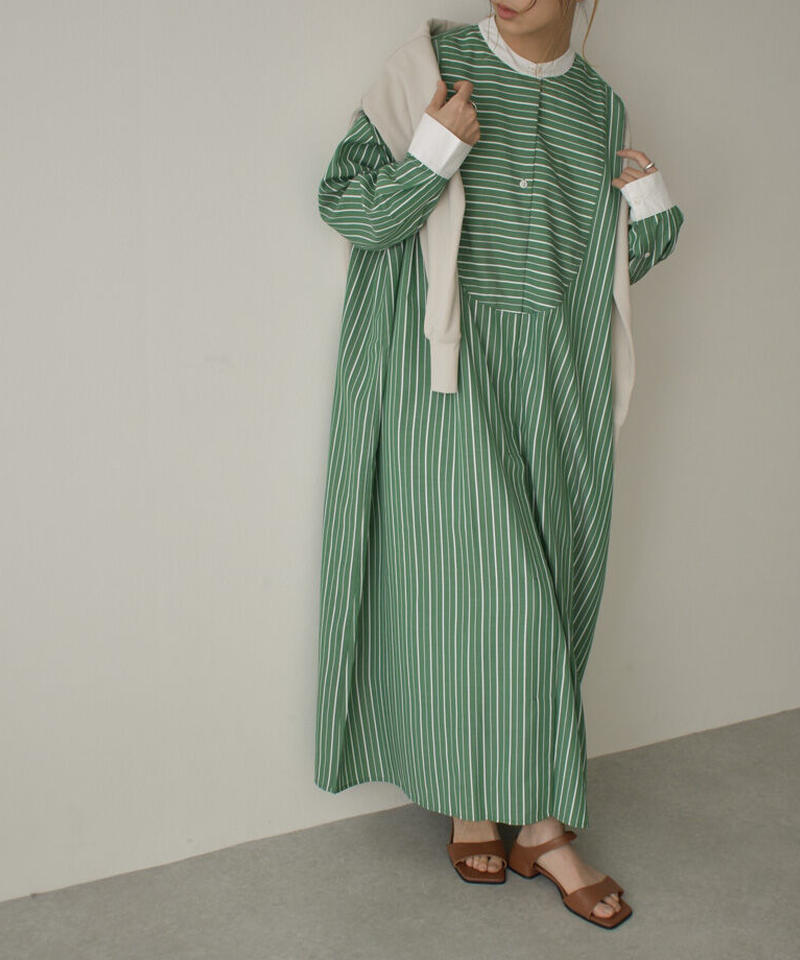 Onepiece ストライプ クレリックシャツワンピース ブルー グリーン ベージ