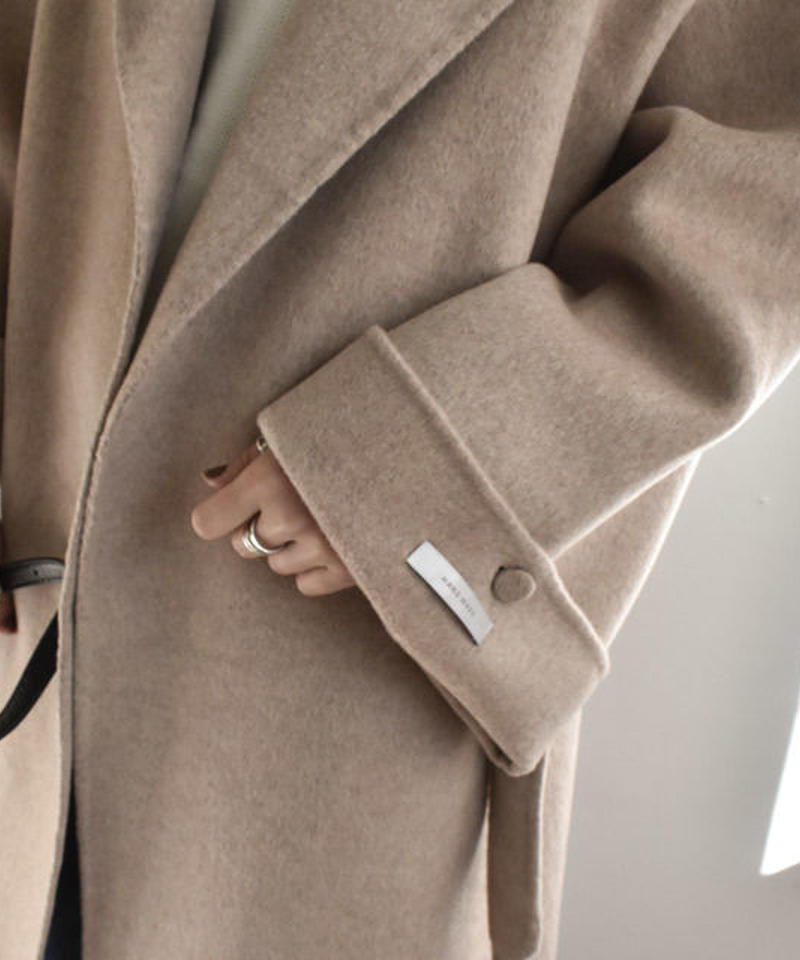 Coat 02001 ワイドスリーブ ロング ウールガウンコート リバー仕立て ミルクティーベ