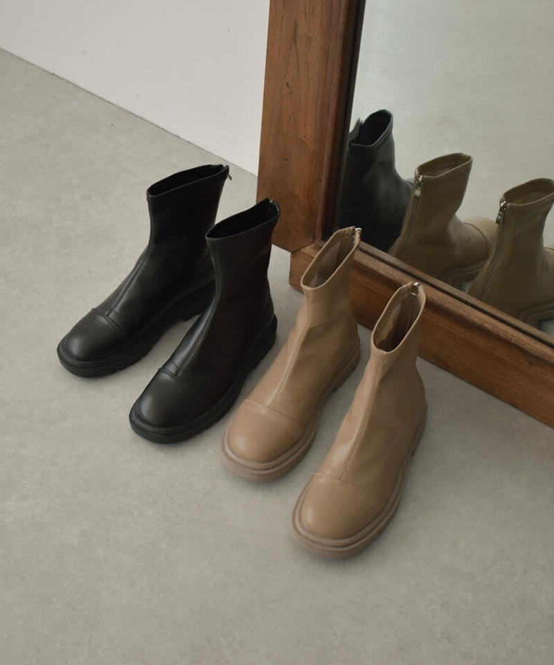 Shoes ラウンドトゥ フラットショートブーツ モカベージュ ブラック L