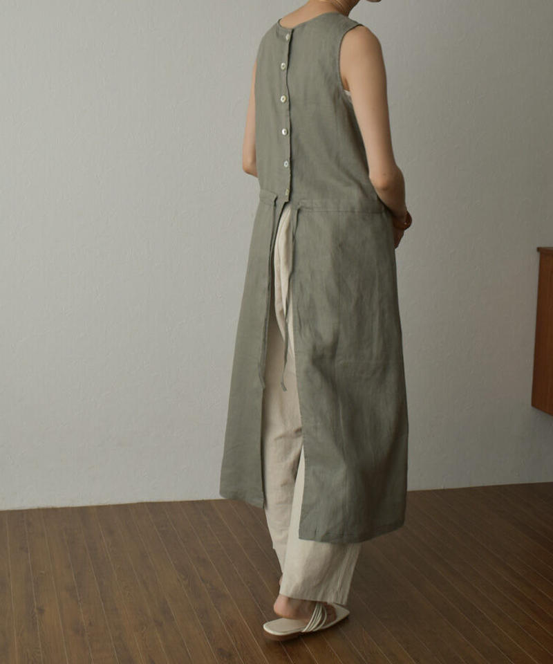 Onepiece 029 リネン エプロン ワンピース エクリュ グレー グリーン L