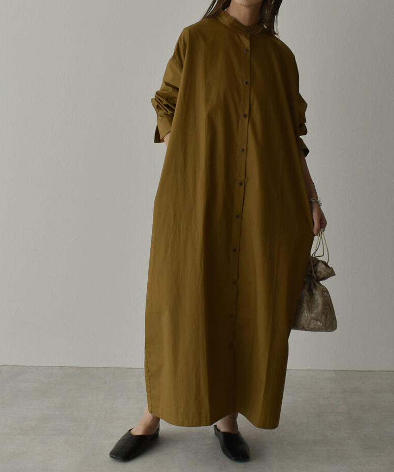 Onepiece バンドカラー ロングシャツワンピース マスタードキャメル カーキ