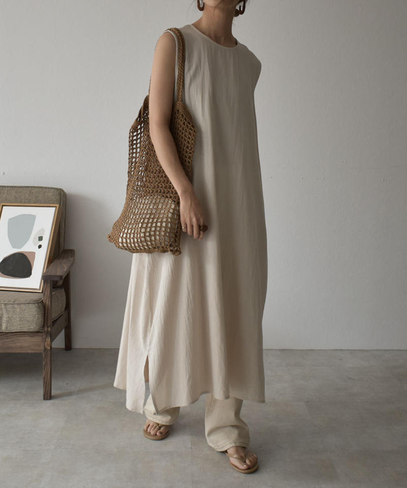 Onepiece 017 コットンリネン ノースリーブ ワンピース エクリュ ブラウン