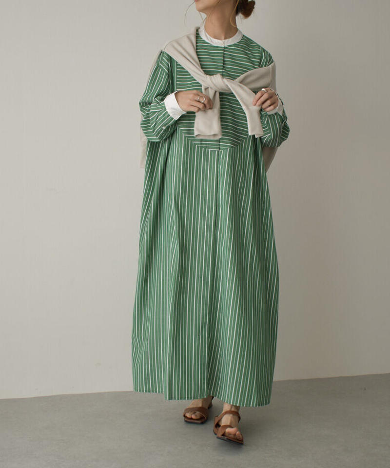 Onepiece ストライプ クレリックシャツワンピース ブルー グリーン ベージ
