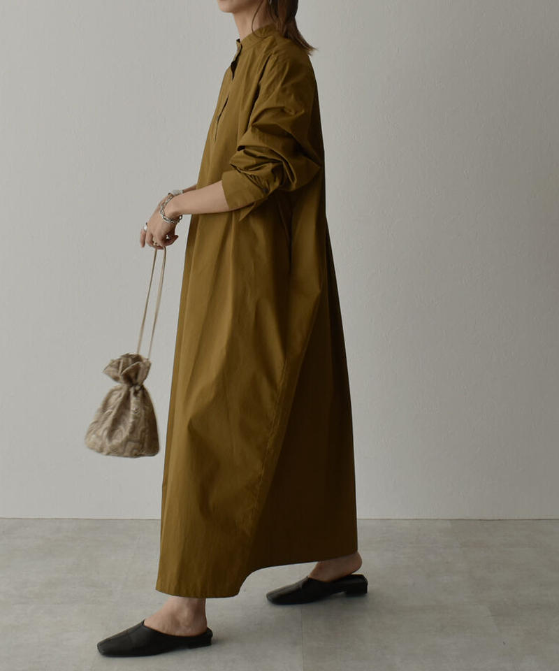 Onepiece バンドカラー ロングシャツワンピース マスタードキャメル カーキ