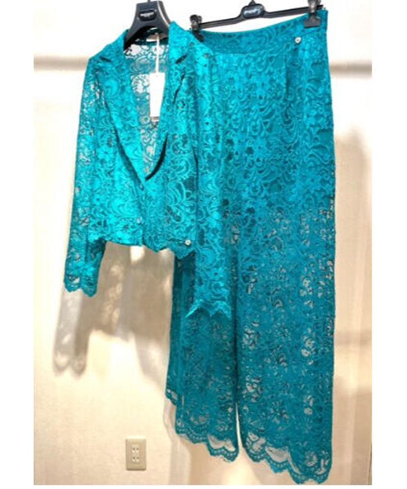 Rinascimento 総レースワイドパンツスーツ エメラルドグリーン M マルアール