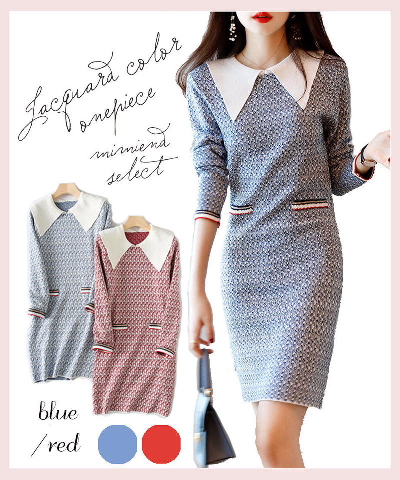 Richジャガード襟カラーワンピース Bl Rd Mimiend