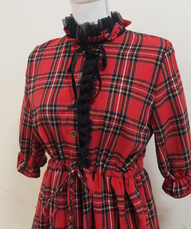 ウエスト絞りつきベロアリボン半袖タータンチェックワンピース Min Plume Offic