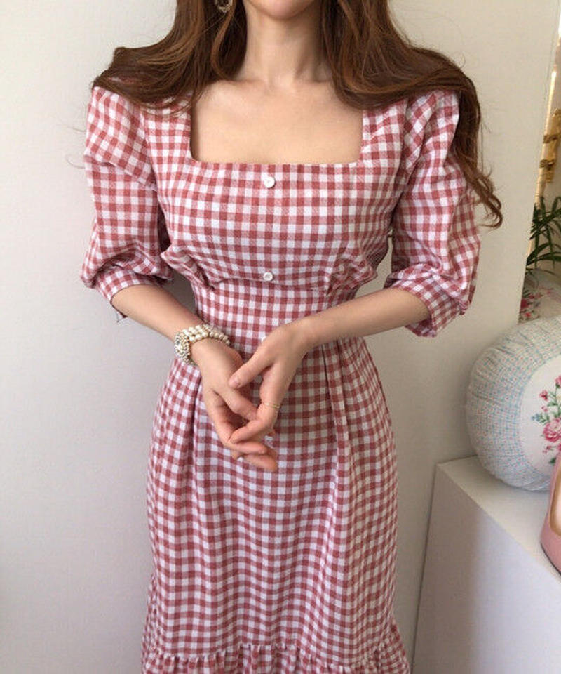 チェック柄スクエアネックロングワンピース Randy