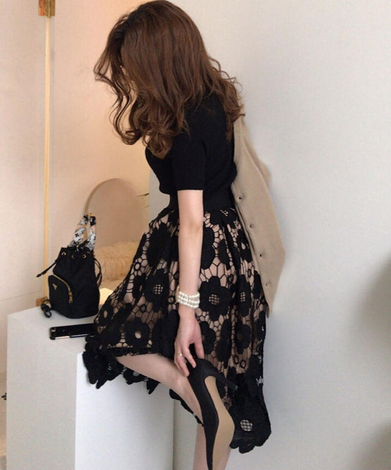 ニットトップス フラワーレーススカートセットアップ Randy