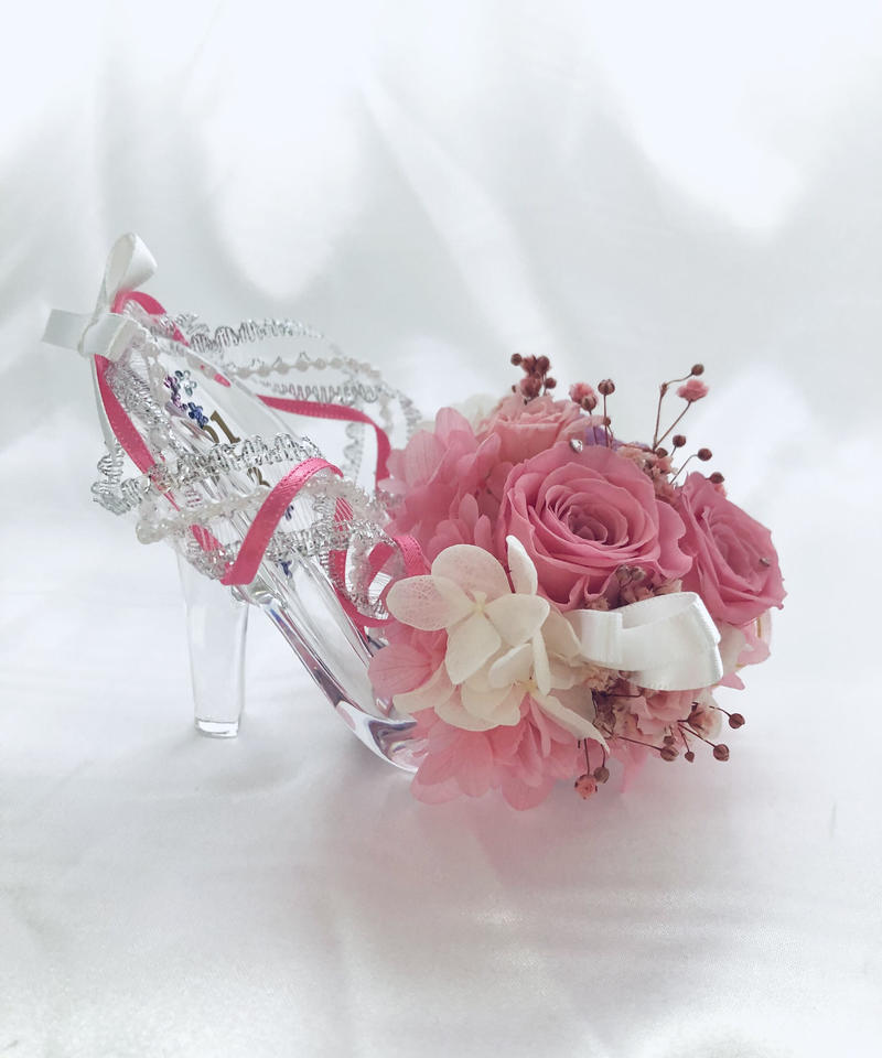 プリザーブドフラワー ガラスの靴ミニシリーズ ピンクの薔薇のプリンセスシューズ 世都華