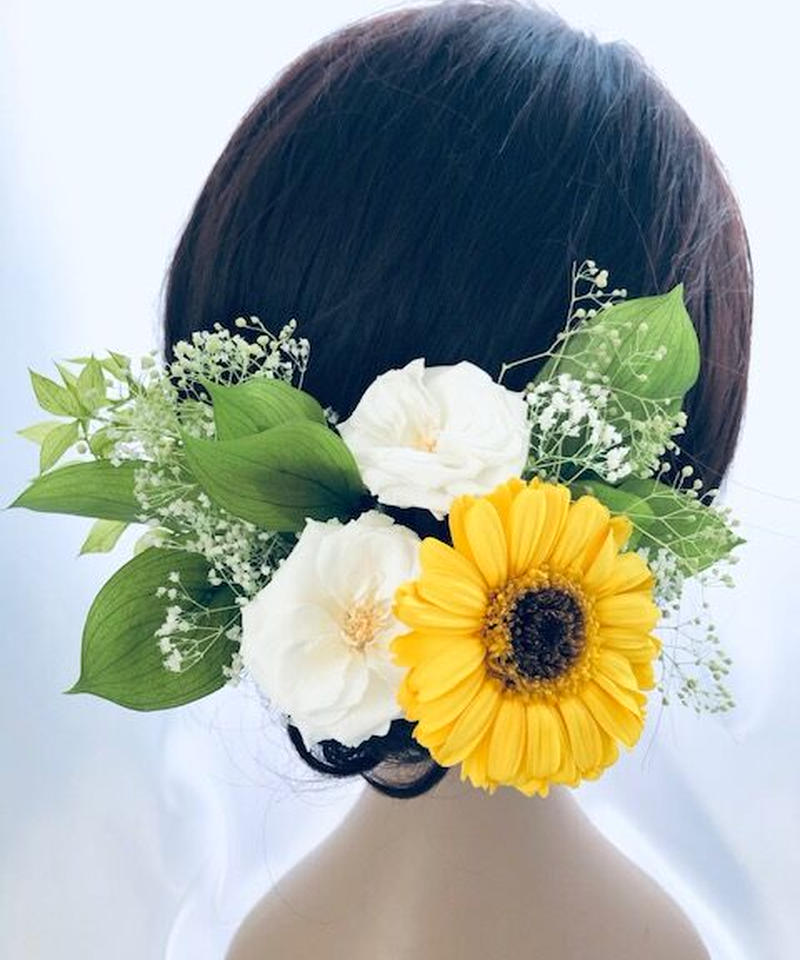プリザーブドフラワー 黄色のガーベラと白ローズ グリーンのヘッドドレス 髪飾り 世都華