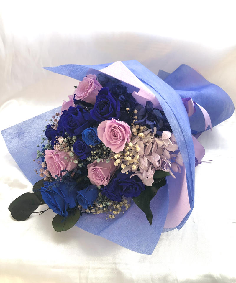 プリザーブドフラワー 青い薔薇とライラックローズの花束 世都華