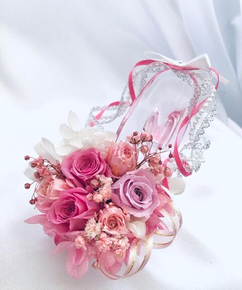 プリザーブドフラワー ガラスの靴ミニシリーズ ピンクの薔薇のプリンセスシューズ 世都華